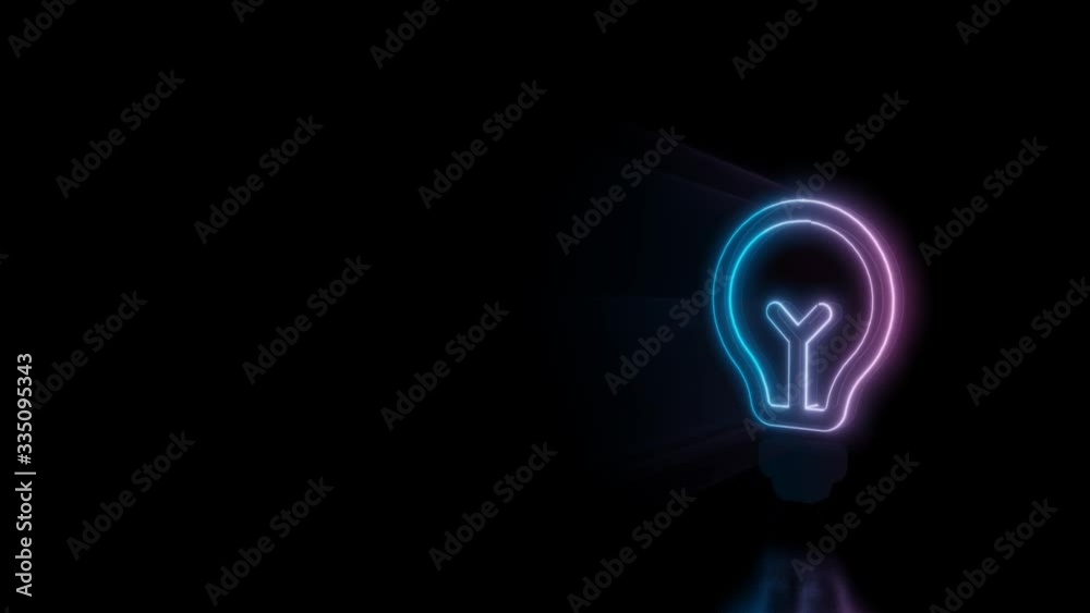Abstract 3d rendering glowing blue purple neon symbol of bulb with glowing outlines with rays on black background with reflection Abstract 3d rendering glowing blue purple neon symbol of bulb with glowing outlines with rays on black background with reflection