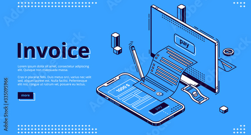 Invoice isometric landing page. Large bill for tax or service payment coming out of computer desktop screen. Shopping, banking, accounting paycheck, smart technologies 3d vector line art web banner