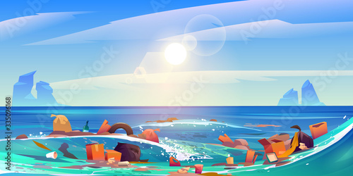 Pollution sea by plastic trash, garbage in water. Vector cartoon landscape of pacific ocean with floating dirty waste, bottles,boxes and bags. Ecological problem of polluted environment