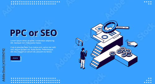 Ppc or Seo isometric landing page. Businessman with smartphone, clicking cursor, magnifier and coins. Pay per click business, cpc technology, search engine optimization, 3d vector line art web banner