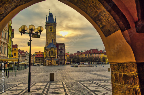 Empty Prague old town square during the coronavirus quarantine