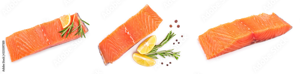 fillet of red fish salmon with lemon and rosemary isolated on white background. Top view. Flat lay. Set or collection fillet of red fish salmon with lemon and rosemary isolated on white background. Top view. Flat lay. Set or collection