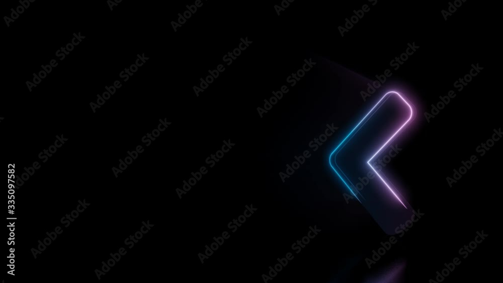 Abstract 3d rendering glowing blue purple neon symbol of angle arrow left with glowing outlines with rays on black background with reflection Abstract 3d rendering glowing blue purple neon symbol of angle arrow left with glowing outlines with rays on black background with reflection
