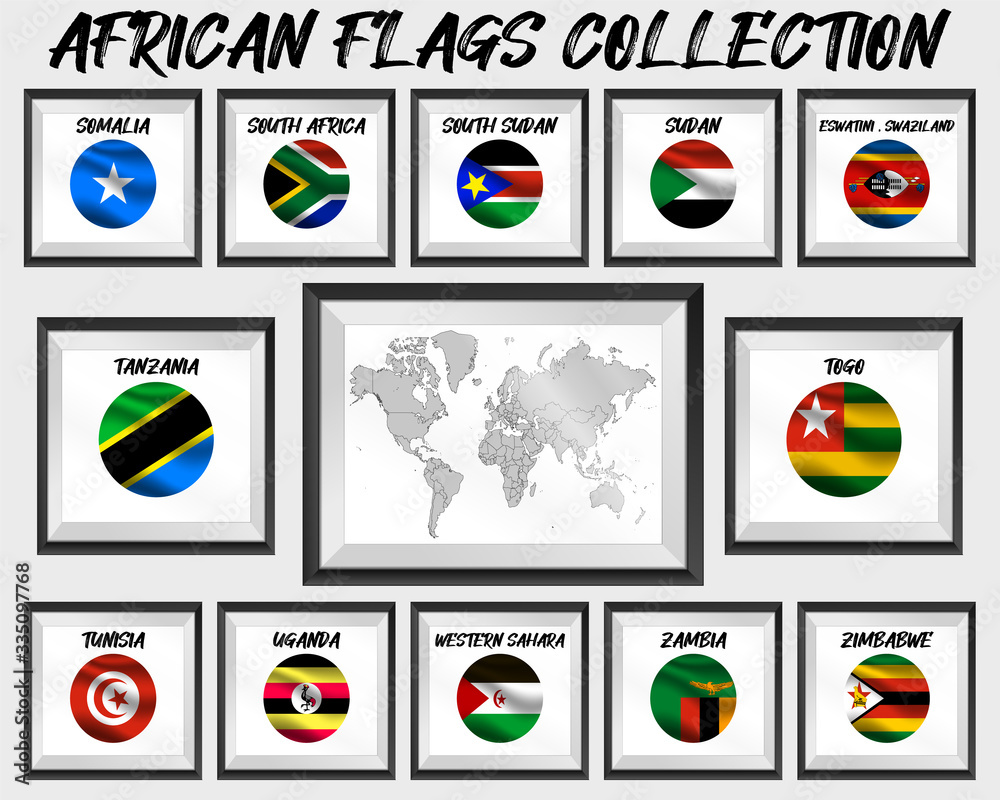 Set of realistic official world national flags, waving edition. isolated on map background. Objects, icons and symbol for logo, design. African Collection. Somalia, Togo, Sudan, Zambia, Zimbabwe Set of realistic official world national flags, waving edition. isolated on map background. Objects, icons and symbol for logo, design. African Collection. Somalia, Togo, Sudan, Zambia, Zimbabwe