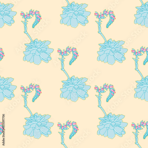 Aqua echeveria seamless vector pattern. Succulent plant illustration background. 