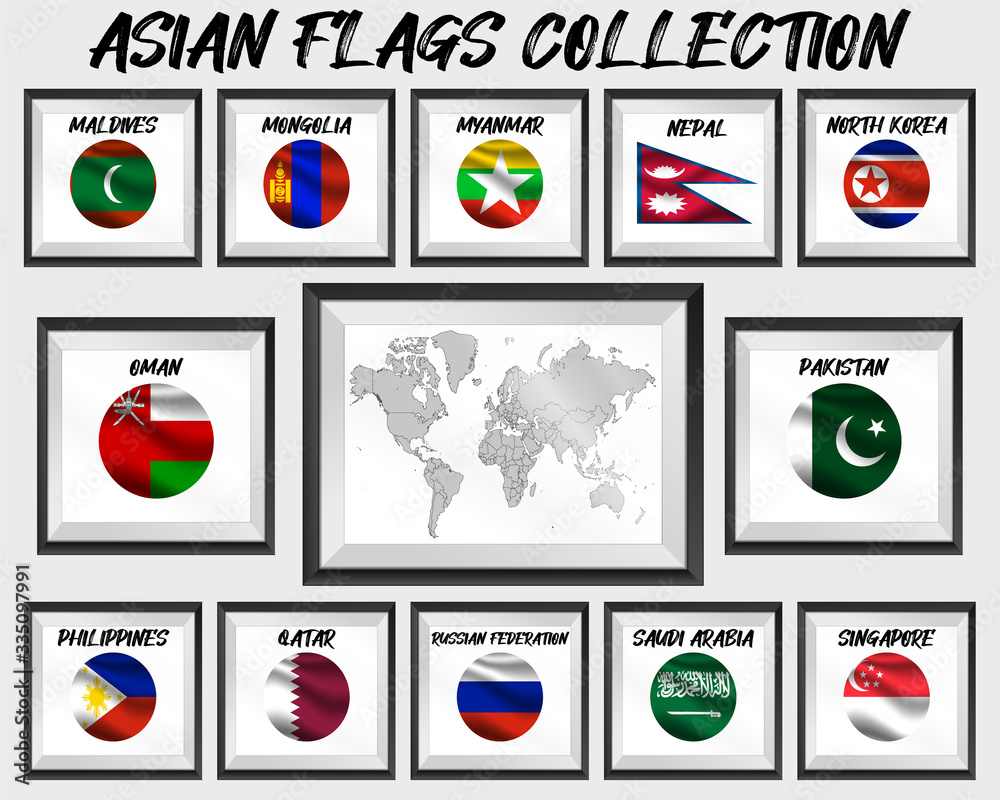Set of realistic official world national flags, waving edition. isolated on map background. Objects, icons and symbol for logo, design. Asian Collection. Oman, Nepal, Myanmar, Qatar, Singapore Set of realistic official world national flags, waving edition. isolated on map background. Objects, icons and symbol for logo, design. Asian Collection. Oman, Nepal, Myanmar, Qatar, Singapore