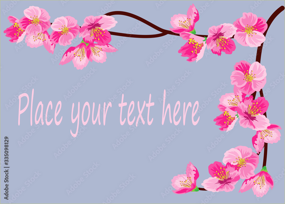 Vector illustration in flat style. Image of a flowering sakura branch.Card, background, slide. There is a place were you can insert your text. Vector illustration in flat style. Image of a flowering sakura branch.Card, background, slide. There is a place were you can insert your text.
