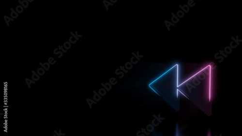 Abstract 3d rendering glowing blue purple neon symbol of rewind sign with glowing outlines with rays on black background with reflection