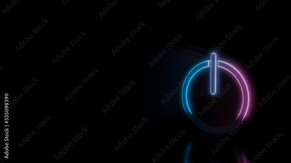 Abstract 3d rendering glowing blue purple neon symbol of power button sign with glowing outlines with rays on black background with reflection Abstract 3d rendering glowing blue purple neon symbol of power button sign with glowing outlines with rays on black background with reflection