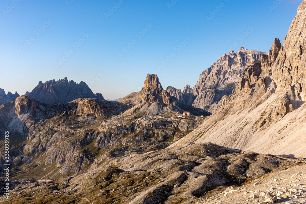 Majestic view of the three peaks of Lavaredo, This is one of the best-known mountain groups in the italian Alps. UNESCO world heritage site in Dolomites