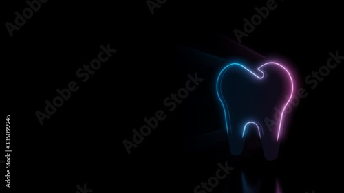 Abstract 3d rendering glowing blue purple neon symbol of tooth with glowing outlines with rays on black background with reflection