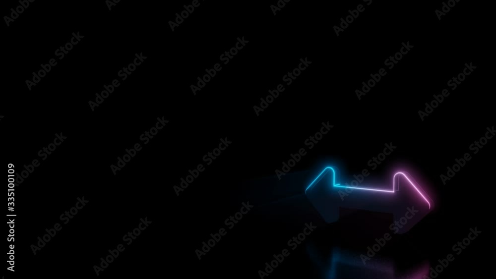 Abstract 3d rendering glowing blue purple neon symbol of double side horizontal arrow with glowing outlines with rays on black background with reflection Abstract 3d rendering glowing blue purple neon symbol of double side horizontal arrow with glowing outlines with rays on black background with reflection