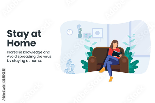 Coronavirus COVID-19 lockdown or quarantine, Woman increase knowledge and stay at home to prevent spreading virus illustration concept. Female reading a book sit in the sofa, chair. Vector