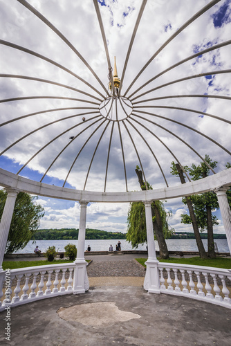 White pavilion on the Love Islet on a lake in Ternopil city, Ukraine