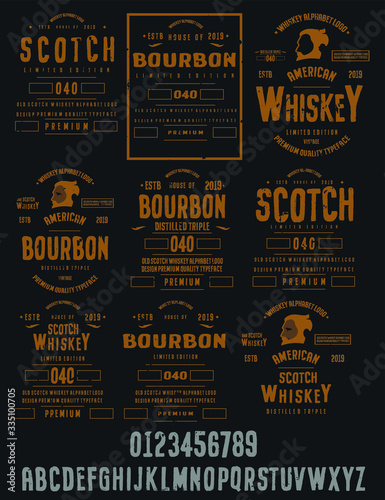 Vintage decorative font. Lettering design in retro style with label. Perfect for alcohol labels, logos, shops and many other.Letters and numbers. Vector illustration