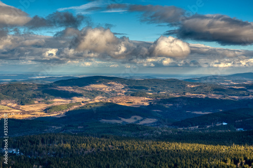View to the Sumava mountains czech republic with cloudy dramatic sky 