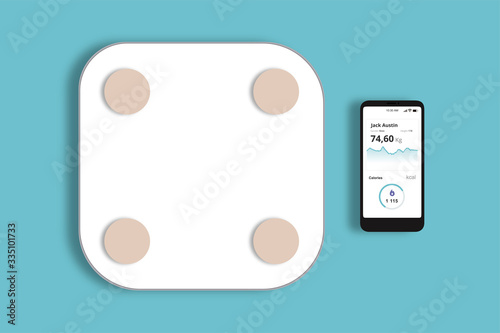 Smart weight scale and a smartphone with a with an app graphic on the mobile screen. Smart body analyzer.