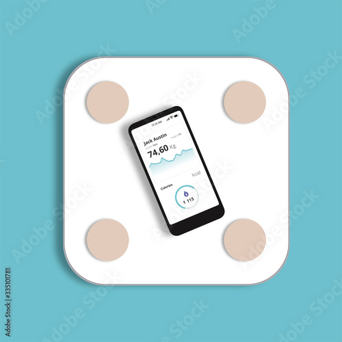 Smart weight scale and a smartphone with a with an app graphic on the mobile screen. Smart body analyzer.