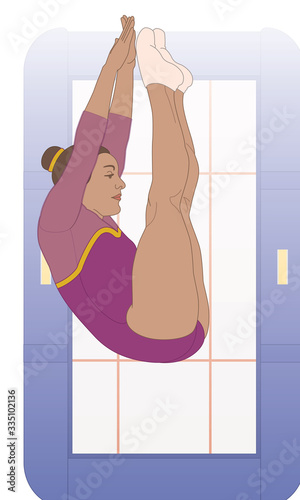 gymnast female in aerial jump with a trampoline in the background