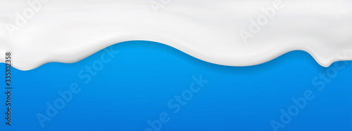 3d realistic yogurt flowing wave border on blue background. white milk splash or ice cream flow soft texture.element for advertising, package design.vector