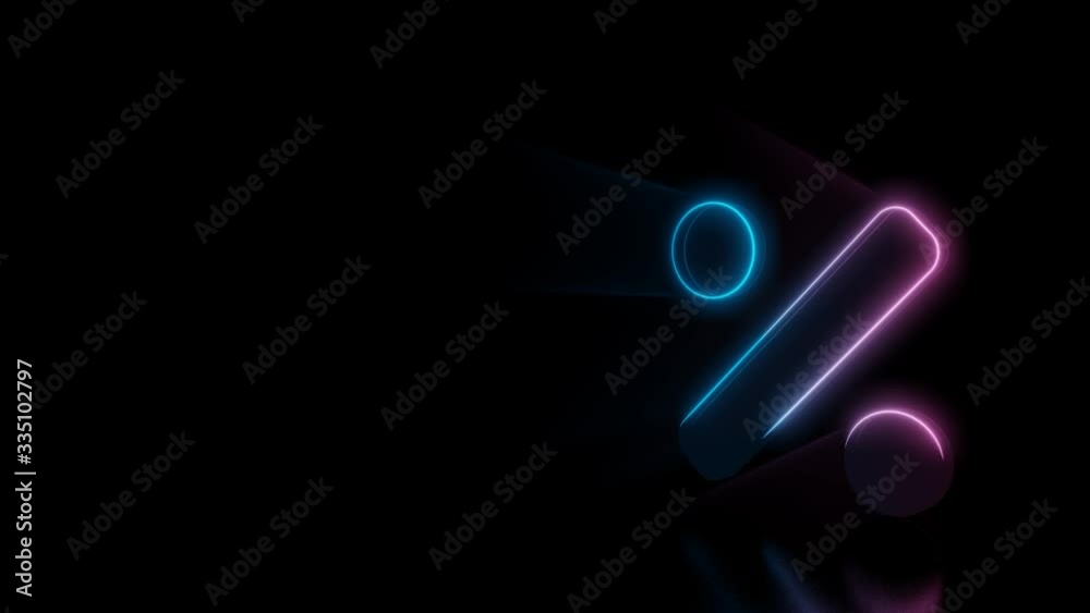 Abstract 3d rendering glowing blue purple neon symbol of bold percentage symbol with glowing outlines with rays on black background with reflection Abstract 3d rendering glowing blue purple neon symbol of bold percentage symbol with glowing outlines with rays on black background with reflection