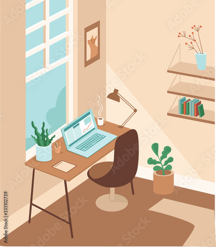Cozy and comfortable working cabinet room. Workplace with laptop. home office concept