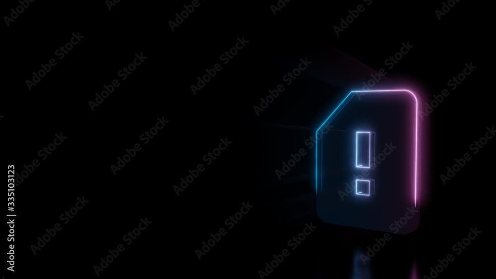 Abstract 3d rendering glowing blue purple neon symbol of memory card with exclamation mark with glowing outlines with rays on black background with reflection