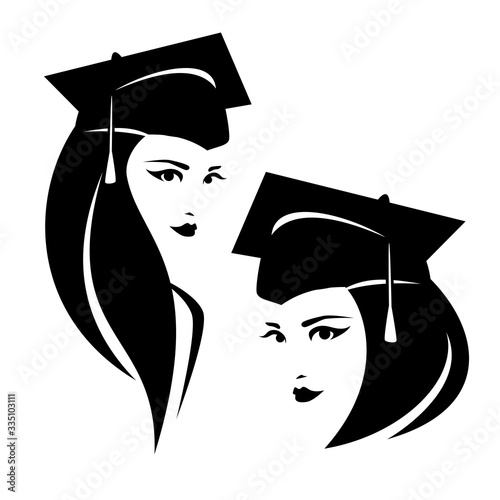 beautiful young woman in square academic mortarboard cap - graduate female student black and white vector portrait