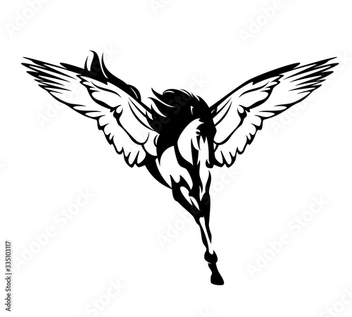mythical winged pegasus horse flying forward with wide spread wings - fairy tale animal black and white vector outline