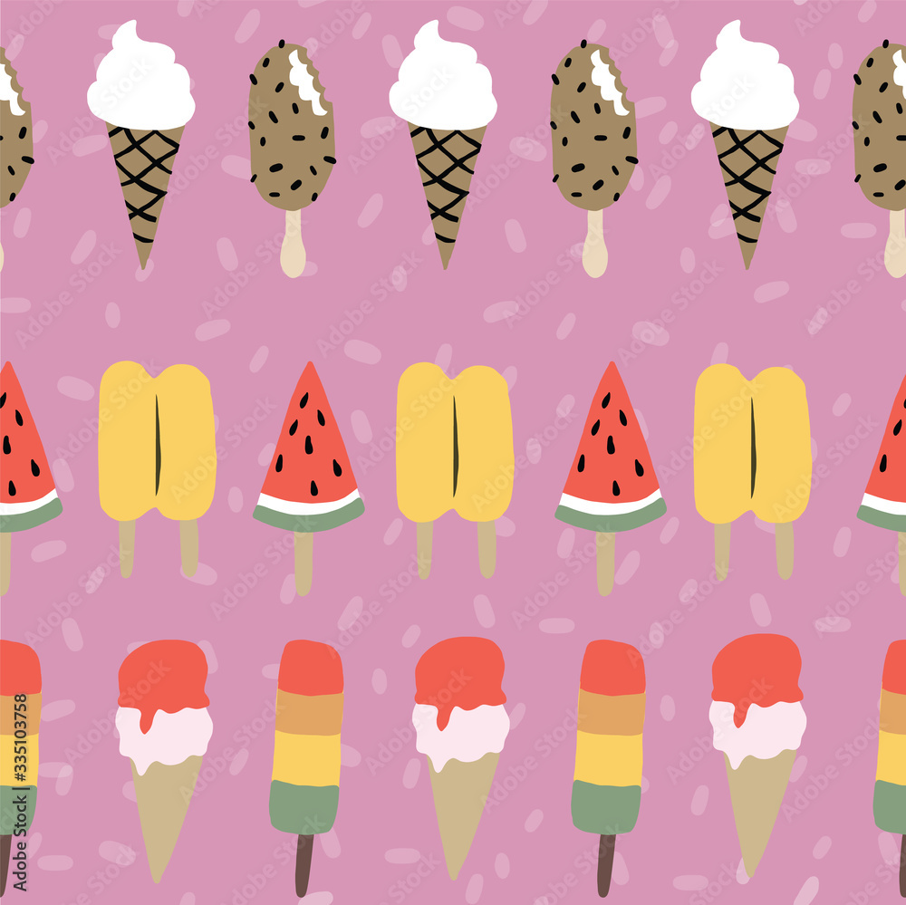 Seamless pink colorful Ice cream cone pattern. Fun summer pattern. Sprinkles in the background. Seamless pink colorful Ice cream cone pattern. Fun summer pattern. Sprinkles in the background.
