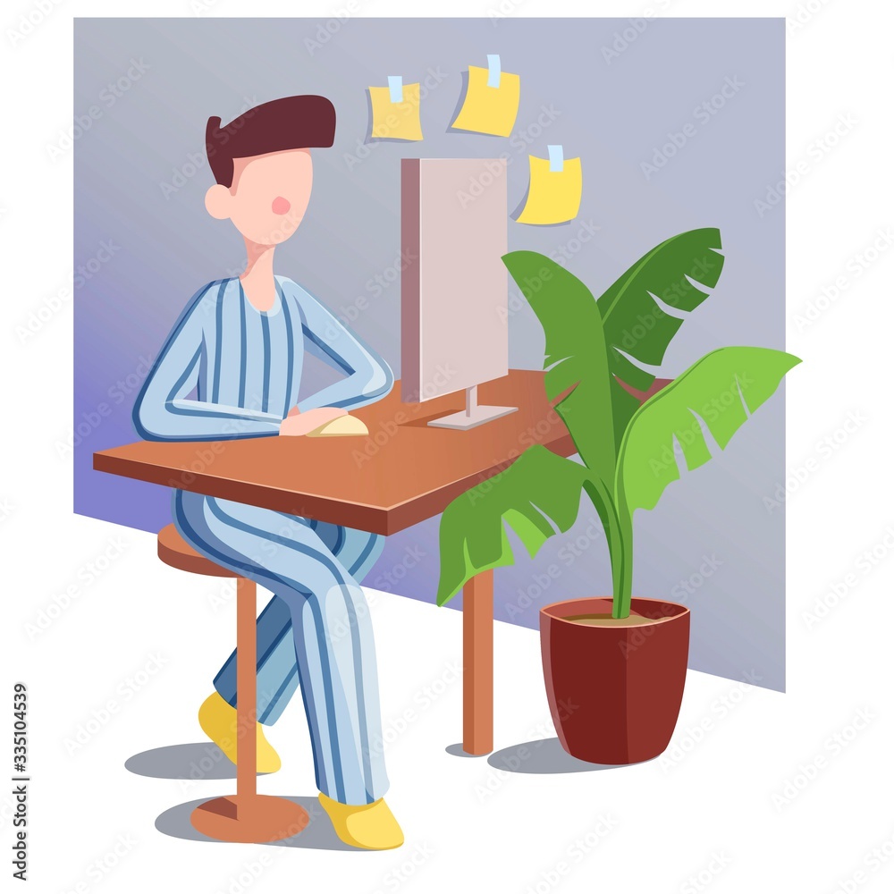 Freelancer in striped pajama sitting on a home workplace