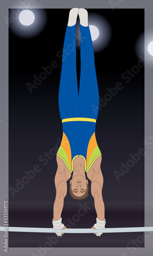gymnast male on high horizontal bar inverted position against a dark background with spotlights