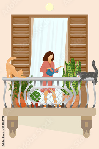 A girl in a home coat takes care of indoor flowers on the balcony. Cats walk on the railing and sleep. Wooden shutters, tulle on the window. Homework, work for pleasure and inspiration.