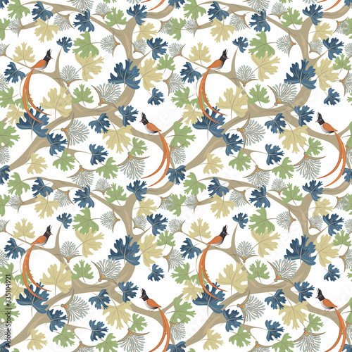Natural wallpapers. Vector seamless pattern with fantasy birds, plants, trees, leaves, branches, flowers. Vintage floral texture. Abstract botanical ornament with hand painted elements. Ethnic motif
