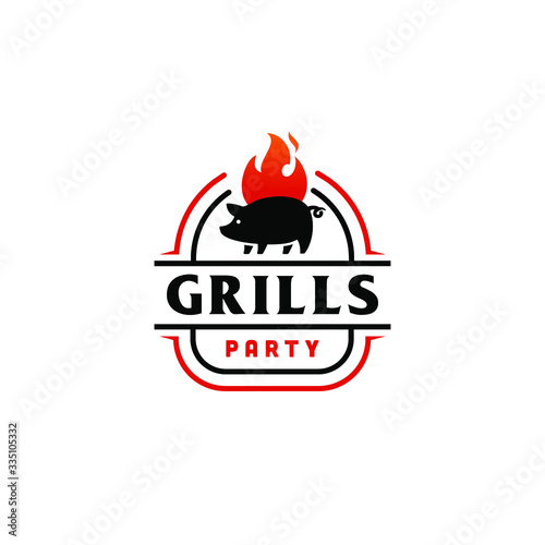 Grill Barbeque invitation party barbecue with pig pork on fire flame Logo design vintage hispter , bbq sauce label