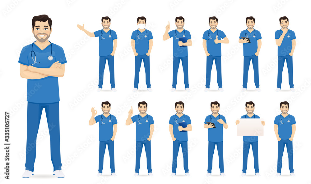 Male nurse character set in different poses isolated vector illustartion