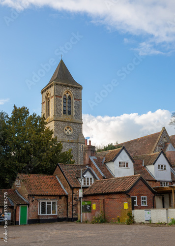 Church and typical old British buildings in a village 