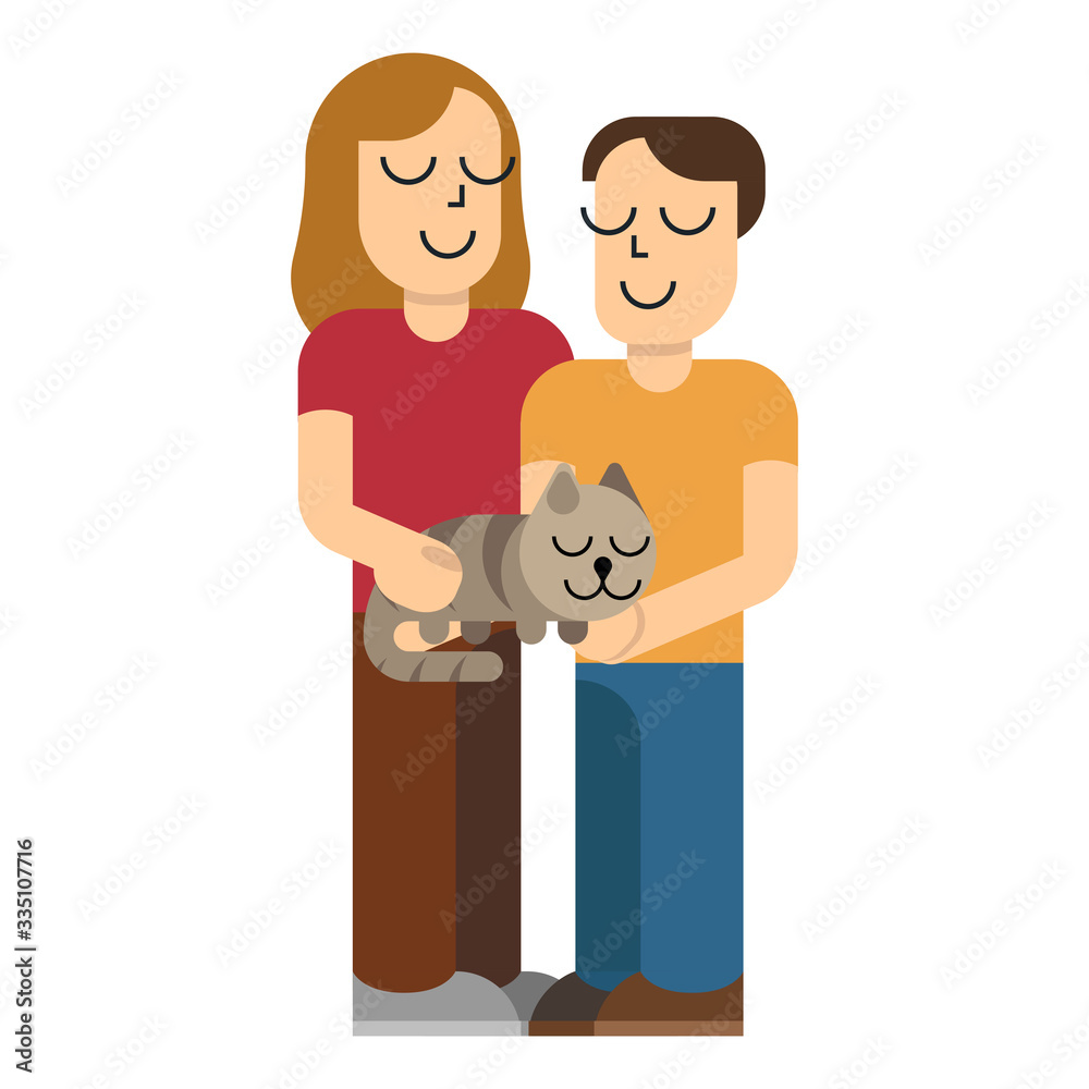 Girl and boy holding domestic cat. Kids with cat in simple flat style. Vector illustration isolated on white background.