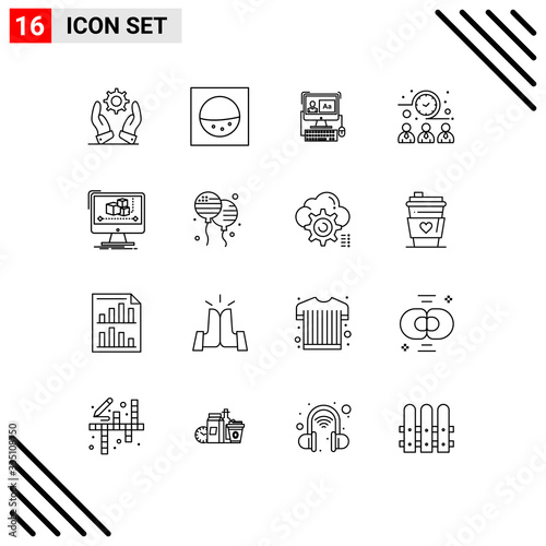 Editable Vector Line Pack of 16 Simple Outlines of monitor, computer, software, animation, time photo