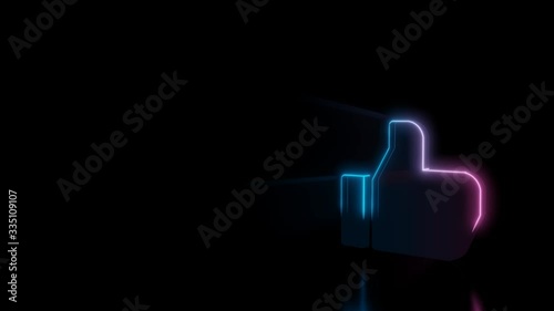 Abstract 3d rendering glowing blue purple neon symbol of thumbs up with glowing outlines with rays on black background with reflection