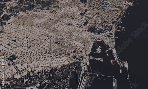 Photography Barcelona, Spain city map 3D Rendering. Aerial satellite view.