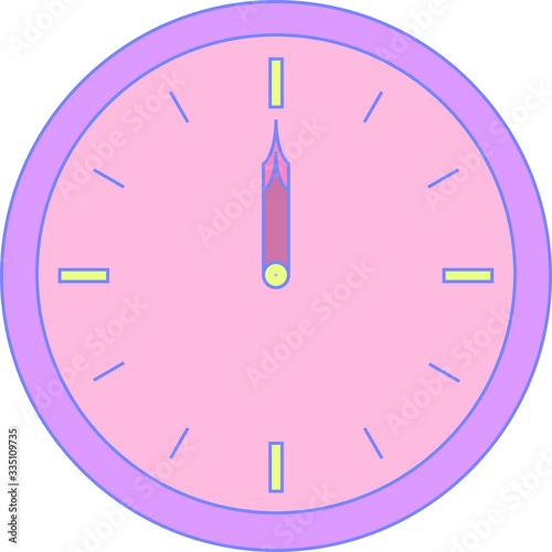 The round clock of alarm with purple corpus and rose face or dial. Twelve or twenty four hours o'clock