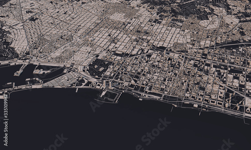 Photography Barcelona, Spain city map 3D Rendering. Aerial satellite view.