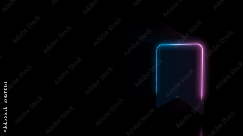Abstract 3d rendering glowing blue purple neon symbol of bookmark with glowing outlines with rays on black background with reflection