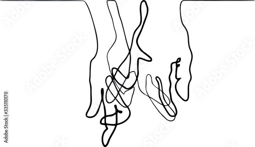 Hands of a couple in love holding hands in black and white drawings in one line
