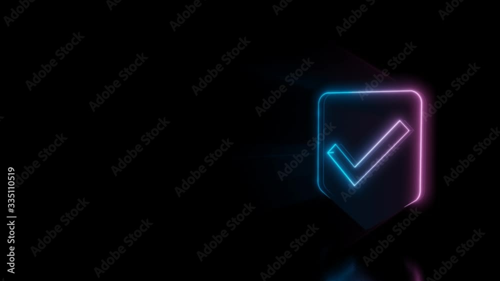 Abstract 3d rendering glowing blue purple neon symbol of label with check mark with glowing outlines with rays on black background with reflection Abstract 3d rendering glowing blue purple neon symbol of label with check mark with glowing outlines with rays on black background with reflection