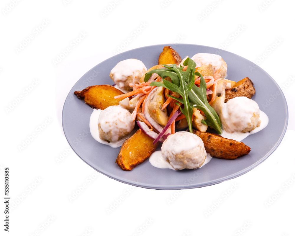 fried potato wedges with mushrooms and white sauce for a restaurant menu fried potato wedges with mushrooms and white sauce for a restaurant menu