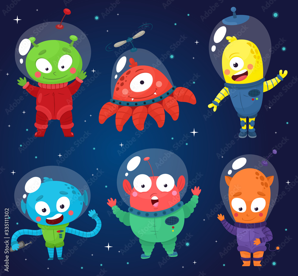 Fototapeta premium Set of cute aliens. Vector illustration in cartoon style.