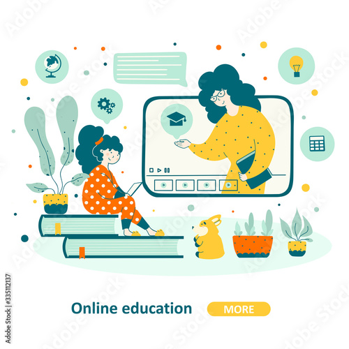 Online school education children flat vector illustration.