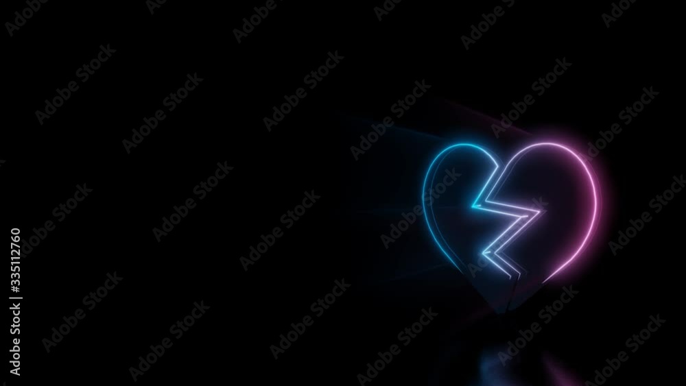 Abstract 3d rendering glowing blue purple neon symbol of broken heart with glowing outlines with rays on black background with reflection
